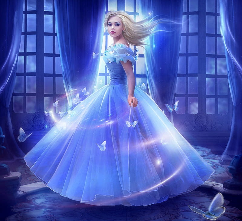 Cinderella, glow, love four seasons, butterflies, creative pre-made, digital art, woman, fantasy, girl, manipulation, weird things people wear, butterfly designs, blue, HD wallpaper