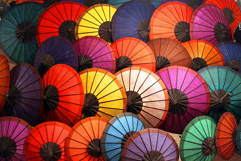 Parasols, pink, parasol, blue, red, colorful, orange, umbrella, vara, green, papaer, texture, summer, asian, HD wallpaper