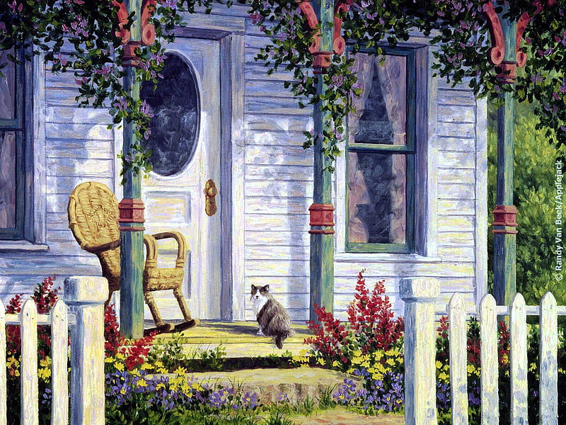 country home, fence, flowers, cat, porch, HD wallpaper