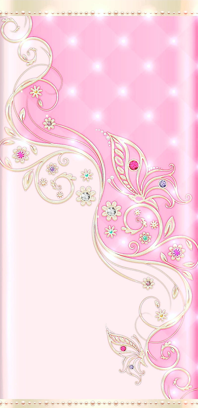 Butterfly Secrets, butterflies, flower, gems, girly, gold, pink, pretty, HD phone wallpaper