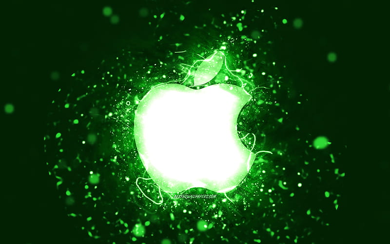 Apple green logo, green neon lights, creative, green abstract background, Apple logo, brands, Apple, HD wallpaper