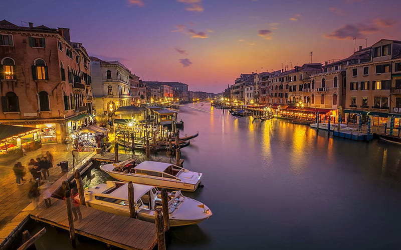 Venice, evening, sunset, canals, boats, landmark, Venice cityscape, Veneto, Italy, HD wallpaper