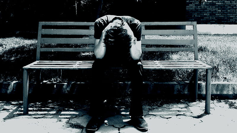 Sad Looking Man Is Sitting On Wooden Bench Depression, HD wallpaper