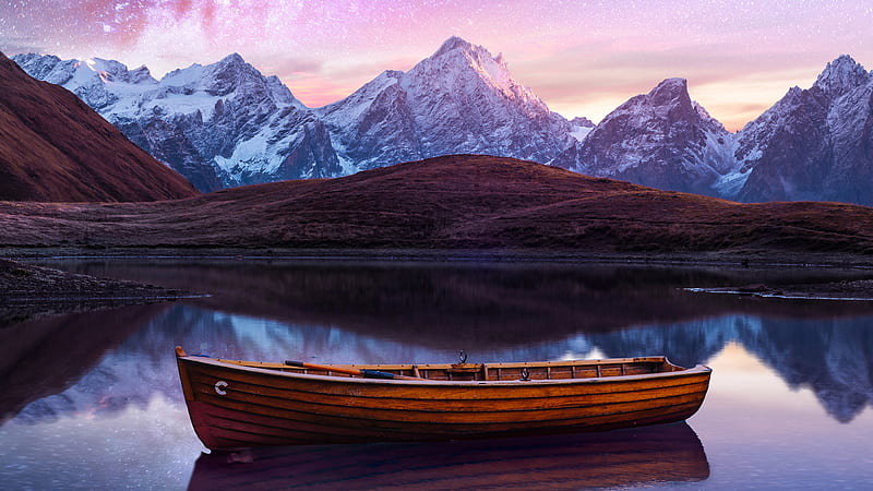 Boat Starry Night Sky, boat, night, sky, nature, mountains, HD wallpaper
