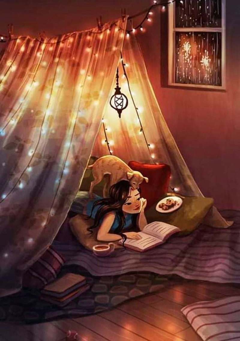 Cozy , book, cozy, dog, fort, girl, happy, lights, night, reading, relaxing, HD phone wallpaper