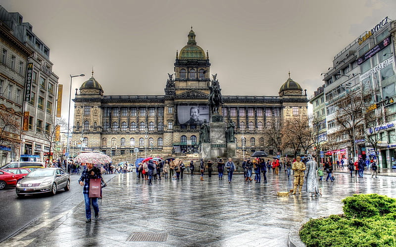 wenceslas square, prague, national museum, rainy day, czech republic, HD wallpaper