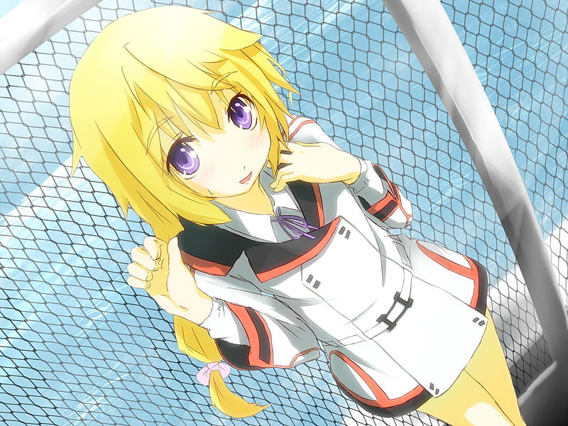 Charlotte Dunois, fence, red, pretty, infinite stratos, dunois, yellow, bonito, anime boy, clouds, thighhighs, yellow hair, nice, anime, beauty, anime girl, purple eyes, charlotte, roof, tail, black, blonde, blonde hair, sky, is, cute, boy, cool, purple, uniform, awesome, white, HD wallpaper