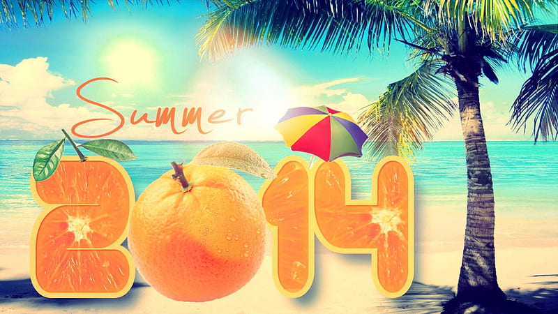 ★☆★ HAPPY SUMMER 2014 ★☆★, isle, vacation, sun, orange, Summer, ocean, umbrella, abstract, sky, palms, sea, beach, paradise, 2014, SkyPhoenixX1, island, HD wallpaper