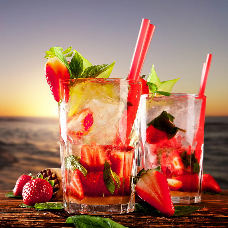 Summer Drinks, coctails, drinks, fruit, lemon, season, strawberry, summer, HD phone wallpaper