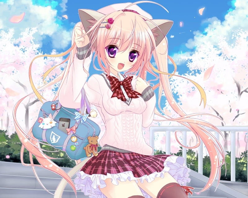 Neko Mimi Nekomimi Neko Bolso Escalera Escalera Anime Chica