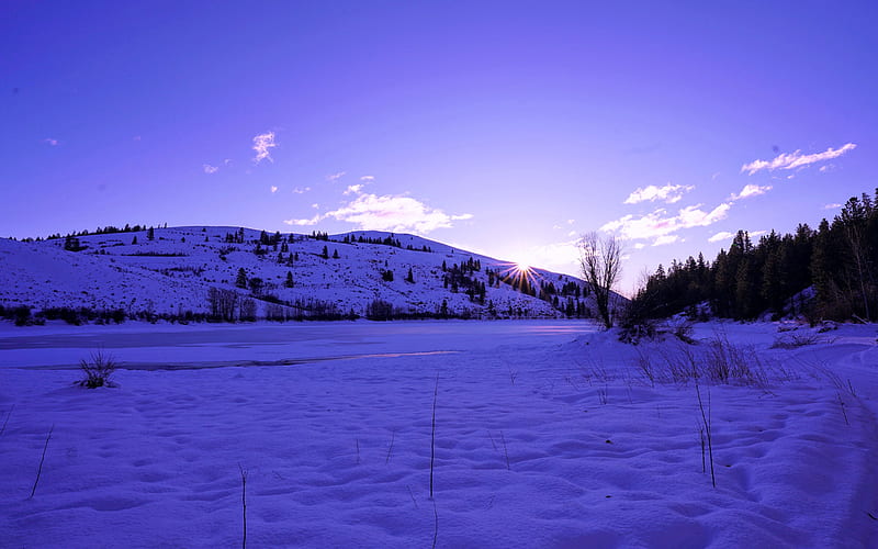 Frozen Lake, Winthrop, Washington, snow, purple, landscape, hills, usa, ice, HD wallpaper