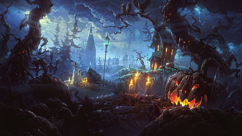 Halloween Town, creepy, spooky, halloween, pumpkin, town, black, blue, HD wallpaper