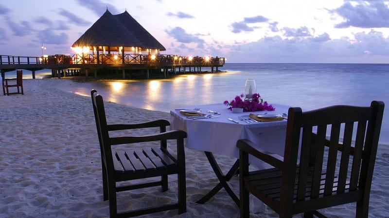 dinner on a beach pier at dusk, table, beach, restaurant, pier, dusk, sea, HD wallpaper