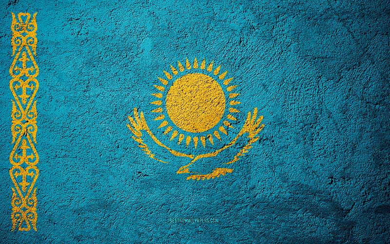 Flag of Kazakhstan, concrete texture, stone background, Kazakhstan flag, Europe, Kazakhstan, flags on stone, HD wallpaper