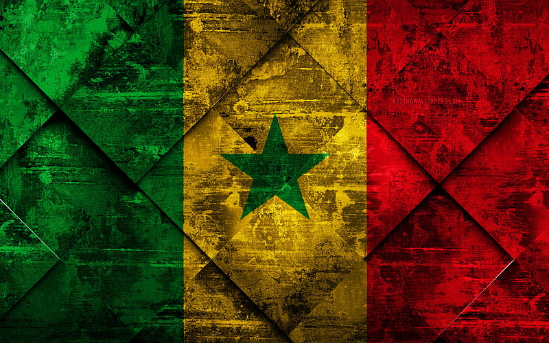 Flag of Senegal grunge art, rhombus grunge texture, Senegal flag, Africa, national symbols, Senegal, creative art, HD wallpaper