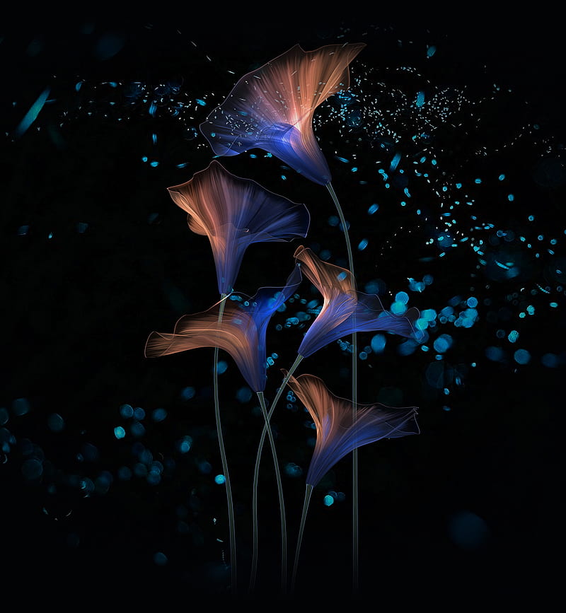 abstract, flowers, plants, dark, blue, purple, digital art, HD phone wallpaper