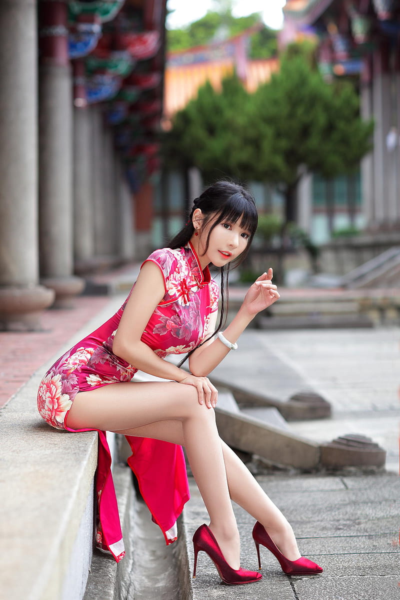 Asian, model, women, long hair, dark hair, traditional clothing, Vicky 霜, red heels, HD phone wallpaper