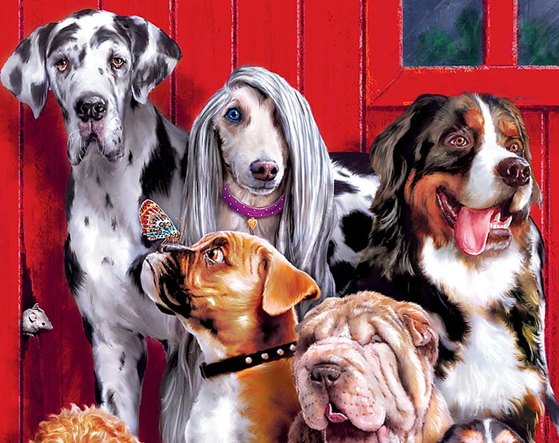 Dogs, Painting, Art, Red, Dog, Pictura, Hd Wallpaper 