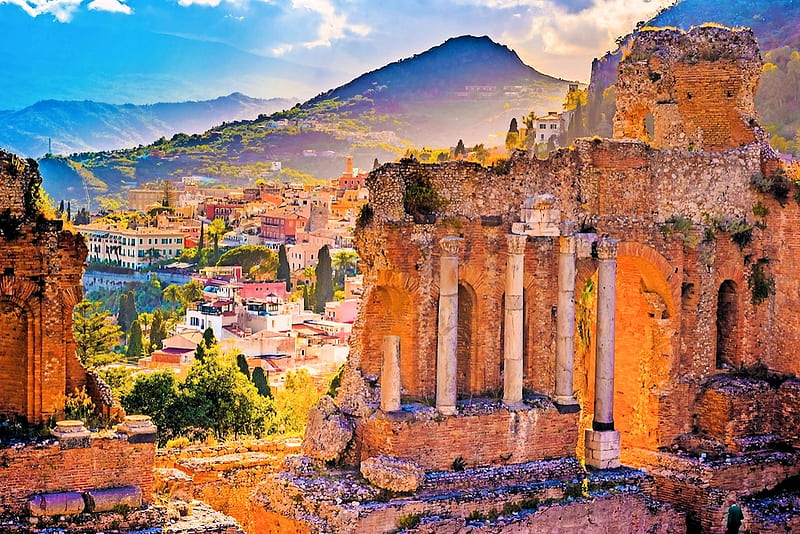 Taormina, Sicily, building, mediterranean, mountains, houses, italy, HD wallpaper