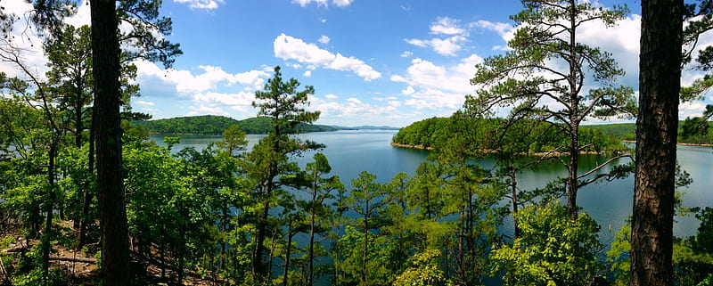 The Natural Beauty Of Lake Ouachita, hills, Arkansas, forest, bonito, trees, clouds, lake, National Forest, green, summer, white, blue, HD wallpaper