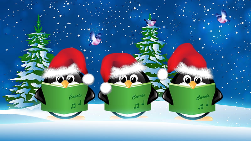 Singing Penguins, Christmas, birds, trees, carolers, winter, song, snow, sing, penguins, Firefox Persona theme, HD wallpaper