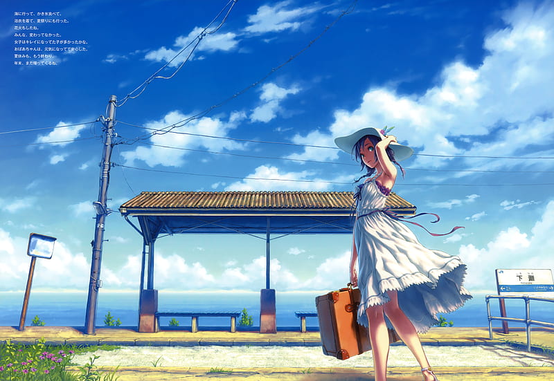 Bus Stop, dress, cg, clouds, anime, flowers, blue, seat, ocean, purple hair, hisakata, sign, sky, purple, white dress, white, souj, HD wallpaper