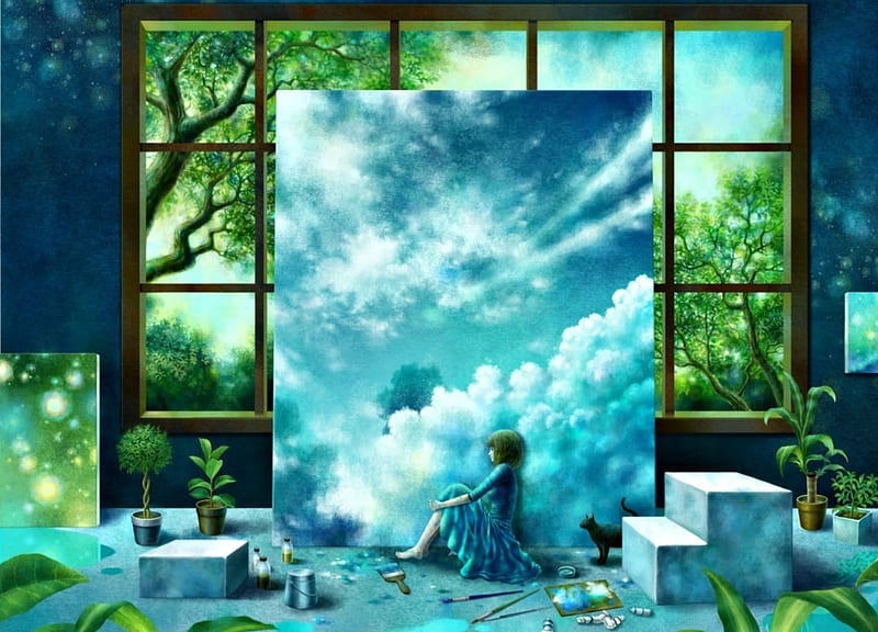 Meditation, cloud, luminos, kazami ehoh, interior, cat, girl, green, anime, stuff, realistic, blue, HD wallpaper