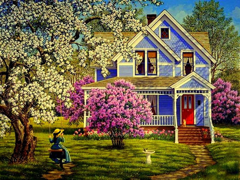 Spring Blooms, house, grass, birdbath, flowering trees, trees, yard, front walkway, girl, swing, flowers, child, red door, blue house, HD wallpaper