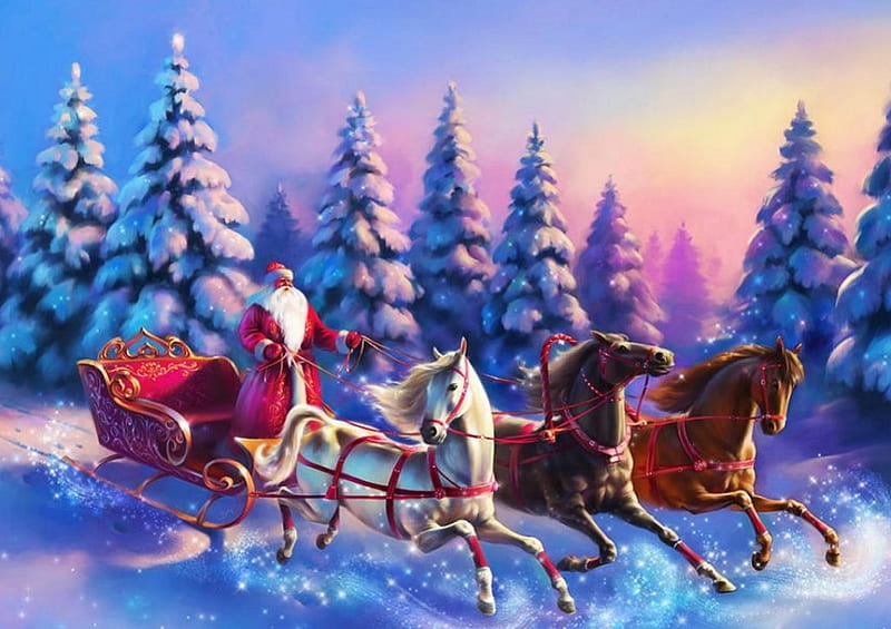 Three Horse Santa, sleigh, christmas, snow, painting, trees, horses, HD wallpaper