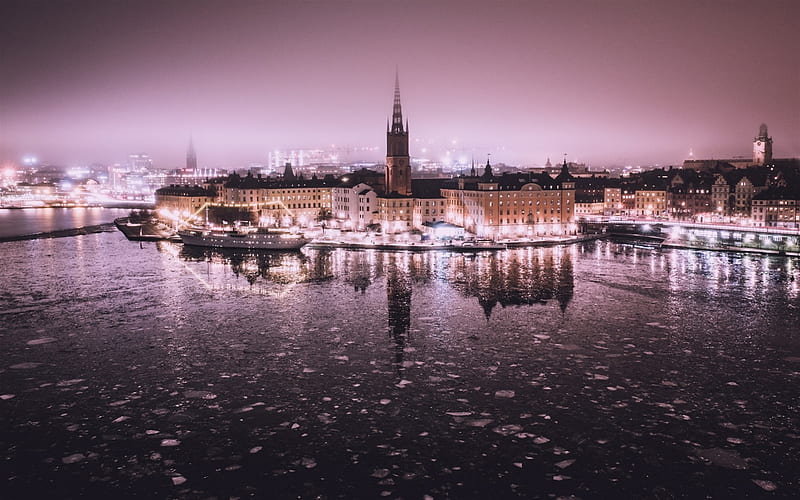 Stockholm, Sweden, night, spring, fog, chapel, city lights, Old Town, HD wallpaper