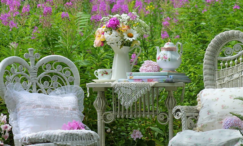 Lovely Day, lovely, book, bonito, teatime, teapot, graphy, bouquet, cup, chairs, flowers, garden, nature, cushion, HD wallpaper