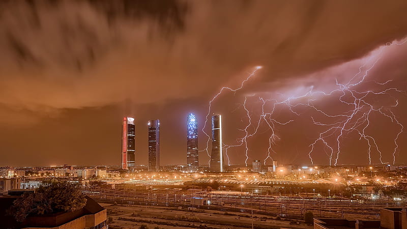 lightning, madrid, skyscrapers, night, City, HD wallpaper