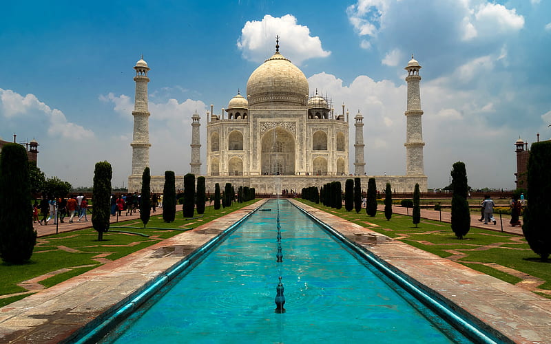 Taj Mahal, Mosque Mausoleum, Agra, Uttar Pradesh, India, fountain, landmarks of India, Mughal architecture, HD wallpaper