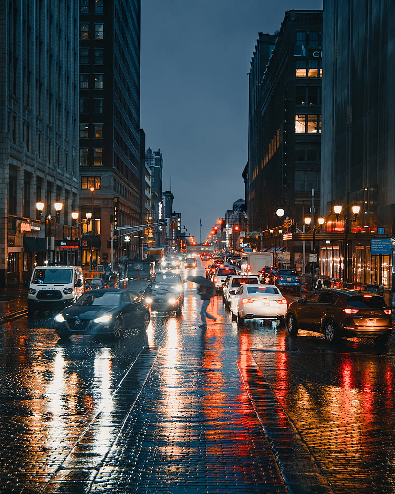 road, carros, street, city, rain, HD phone wallpaper