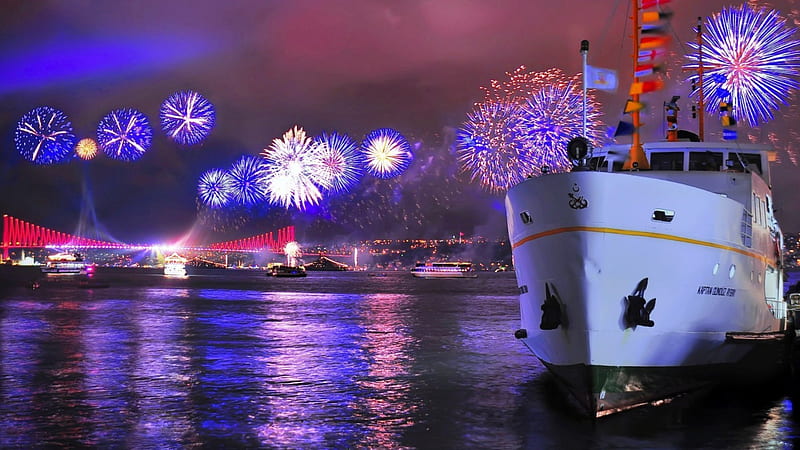 fireworks over the bosphorus bridge in turkey, ship, bridge, fireworks, straits, night, HD wallpaper