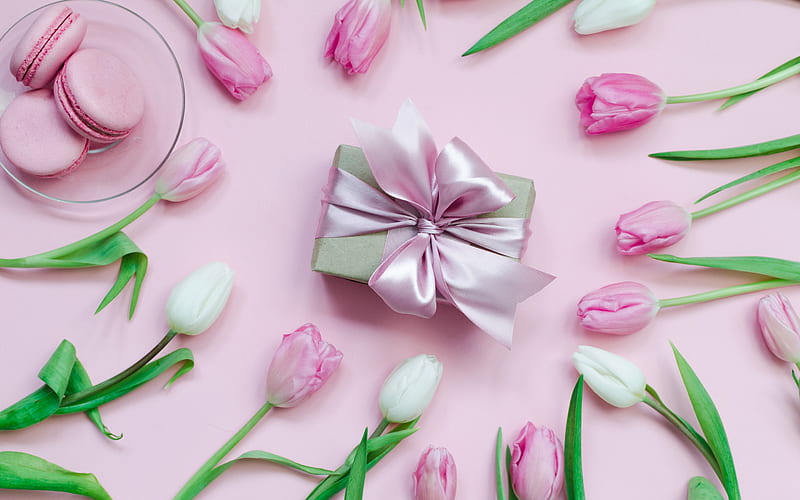 gift box, pink silk bow, pink tulips, pink background, spring, pink macaroons, tulips, HD wallpaper