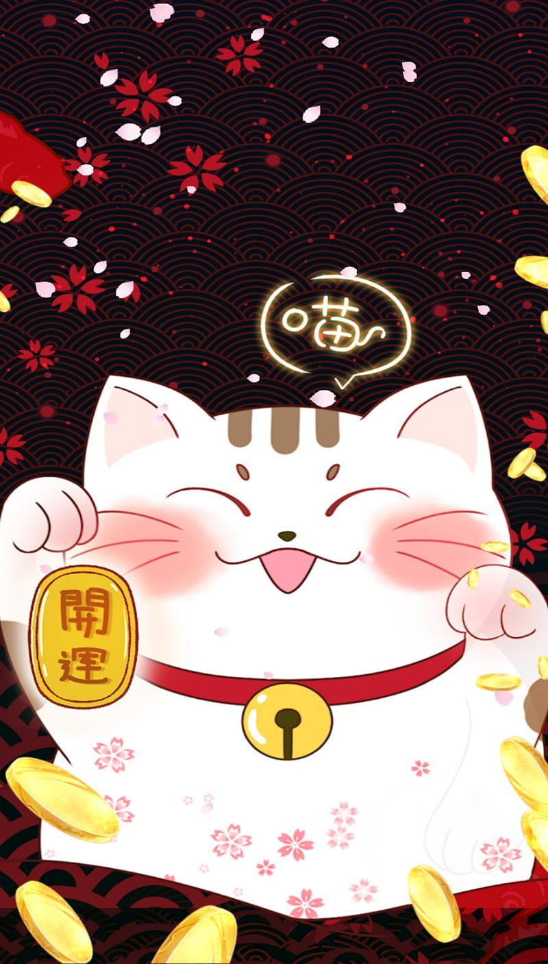 Maneki Neko, japanese, lucky cat, sakura, HD phone wallpaper