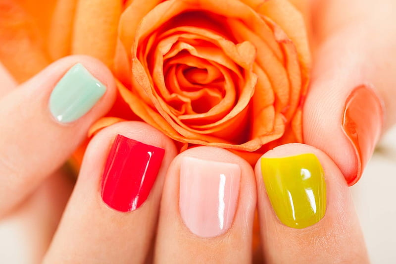 Colorful nails, colorful, rose, orange, hand, nails, HD wallpaper
