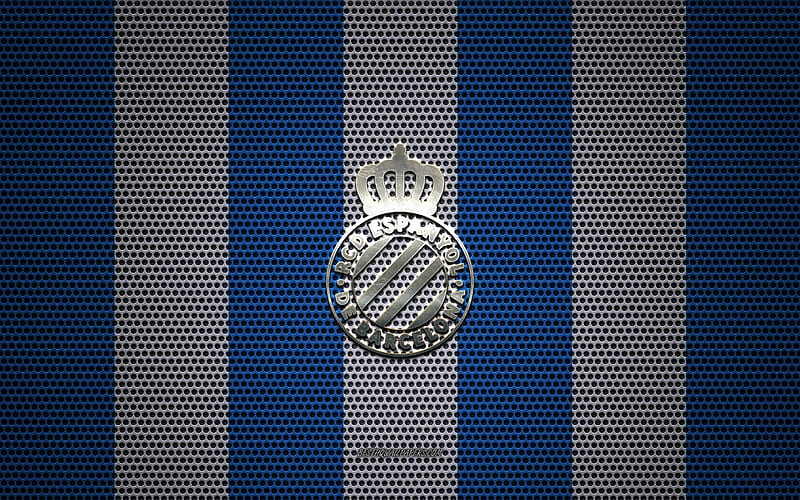 RCD Espanyol logo, Spanish football club, metal emblem, blue white metal mesh background, RCD Espanyol, La Liga, Barcelona, Spain, football, HD wallpaper