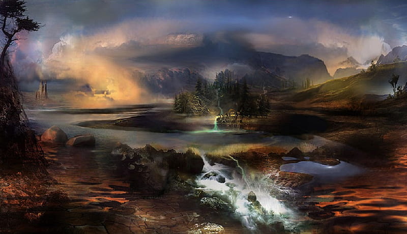 Land of Dreams, rocks, trees, sky, clouds, pool, fantasy, river, castle, landscape, HD wallpaper