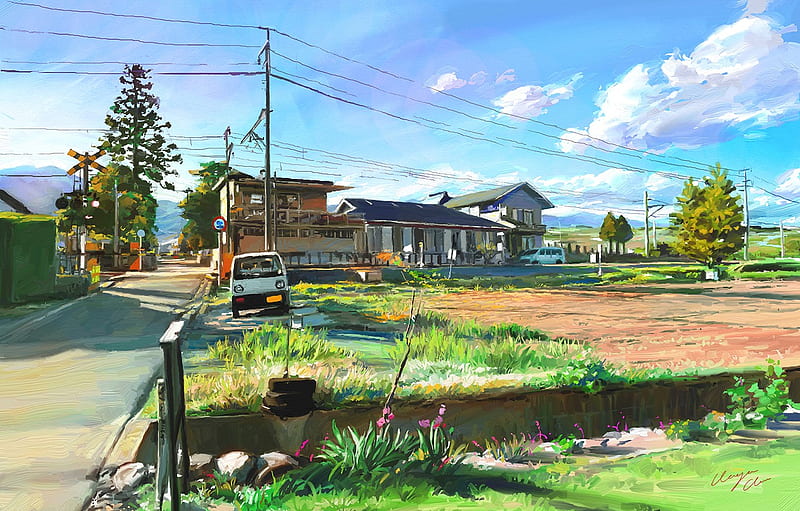 landscape, Japan, day, art, Shitub52 for , section живопись, Rural Japan, HD wallpaper