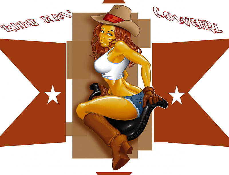 Ride EM' Cowgirl, art, female, hats, boots, fun, saddles, women, anime, cowgirls, drawing, hot, funny, girls, western, HD wallpaper