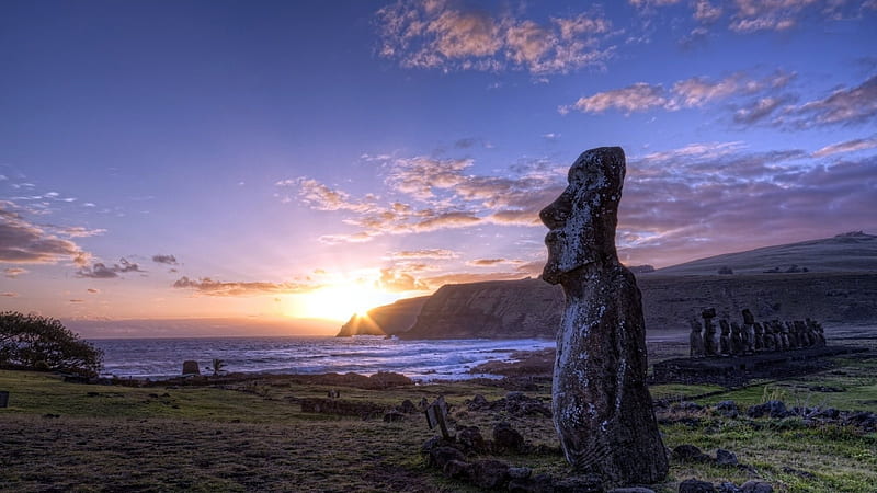 Easter Island in the Polynesian, ocean, nature, sunset, island, clouds, HD wallpaper