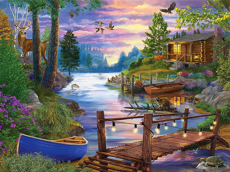 Footbridge, birds, river, sunset, clouds, sky, lights, cabin, artwork, boat, bridge, painting, HD wallpaper