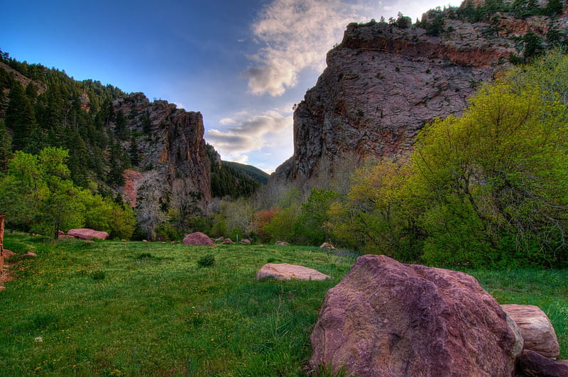 Boulder Canyon, Colorado, stones, usa, mountains, trees, clouds, sky, HD wallpaper