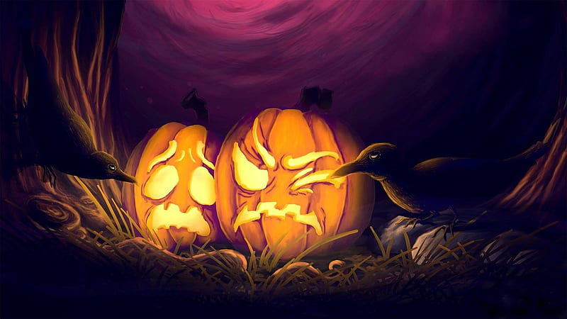 Crow Halloween Pumpkins Paintings Holiday Ravens Halloween, HD wallpaper