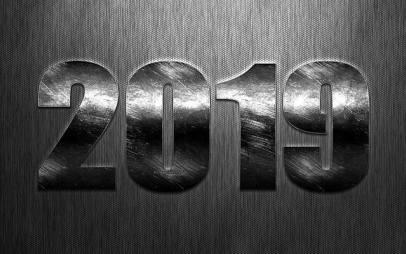2019 year, Art, New Year, silver metallic numerals, steel texture, gray background, Happy New Year, 2019 concepts, creative art, HD wallpaper