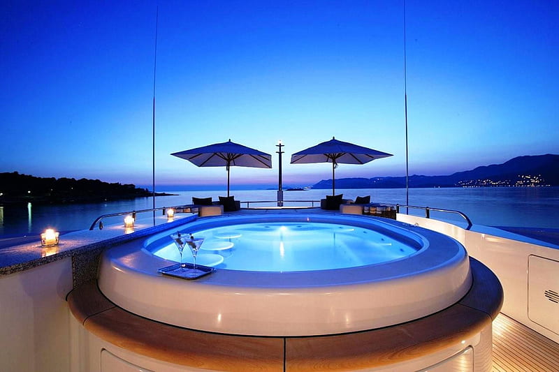 Luxury Yacht with Jacuzzi, cruise, yacht, lit, dusk, sunset, lights, candles, boat, paradise, jacuzzi, evening, luxury, blue, night, HD wallpaper