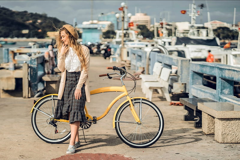 Girl and her Bike at the Pier, model, skirt, blonde, bicycle, smile, HD  wallpaper | Peakpx