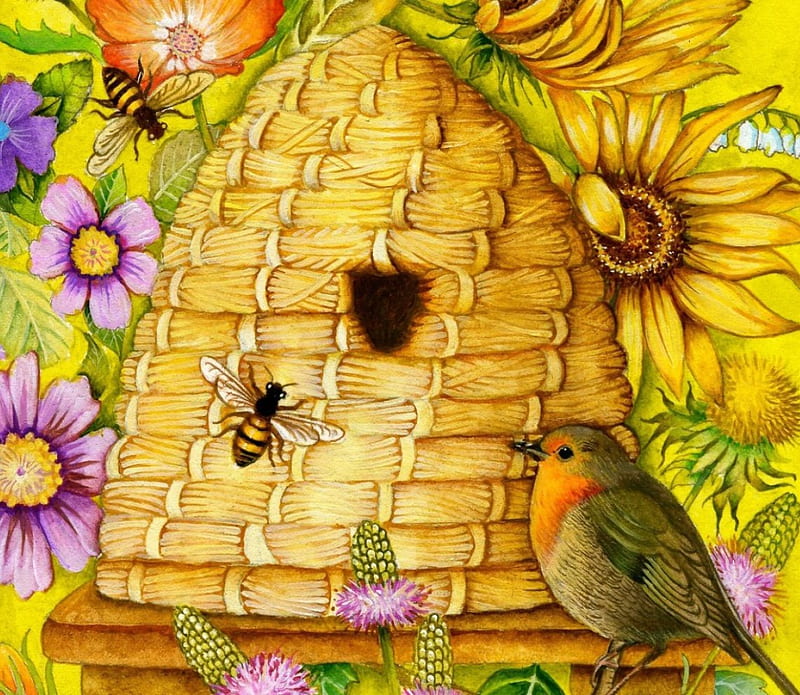 HOLLYS HONEY BEES, BEES, YELLOW, HONY, BIRDS, FLOWERS, HD wallpaper